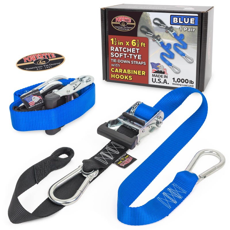 PowerTye 1.5in x 6.5ft Heavy Duty Ratchet Tie-Down Straps with Soft-Tye and Carabiner Hooks - 1,000 lb Working Load Limit / 3,000 lb Breaking Strength - Made in USA - Blue/Black Pair - Image 1